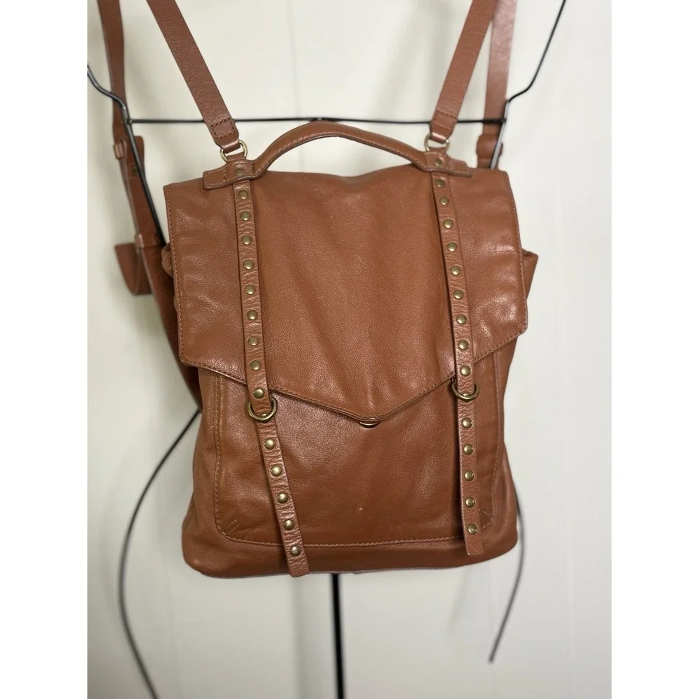 Lucky Brand Leather Brown Cognac Backpack Gold Studded Adjustable‎ Straps